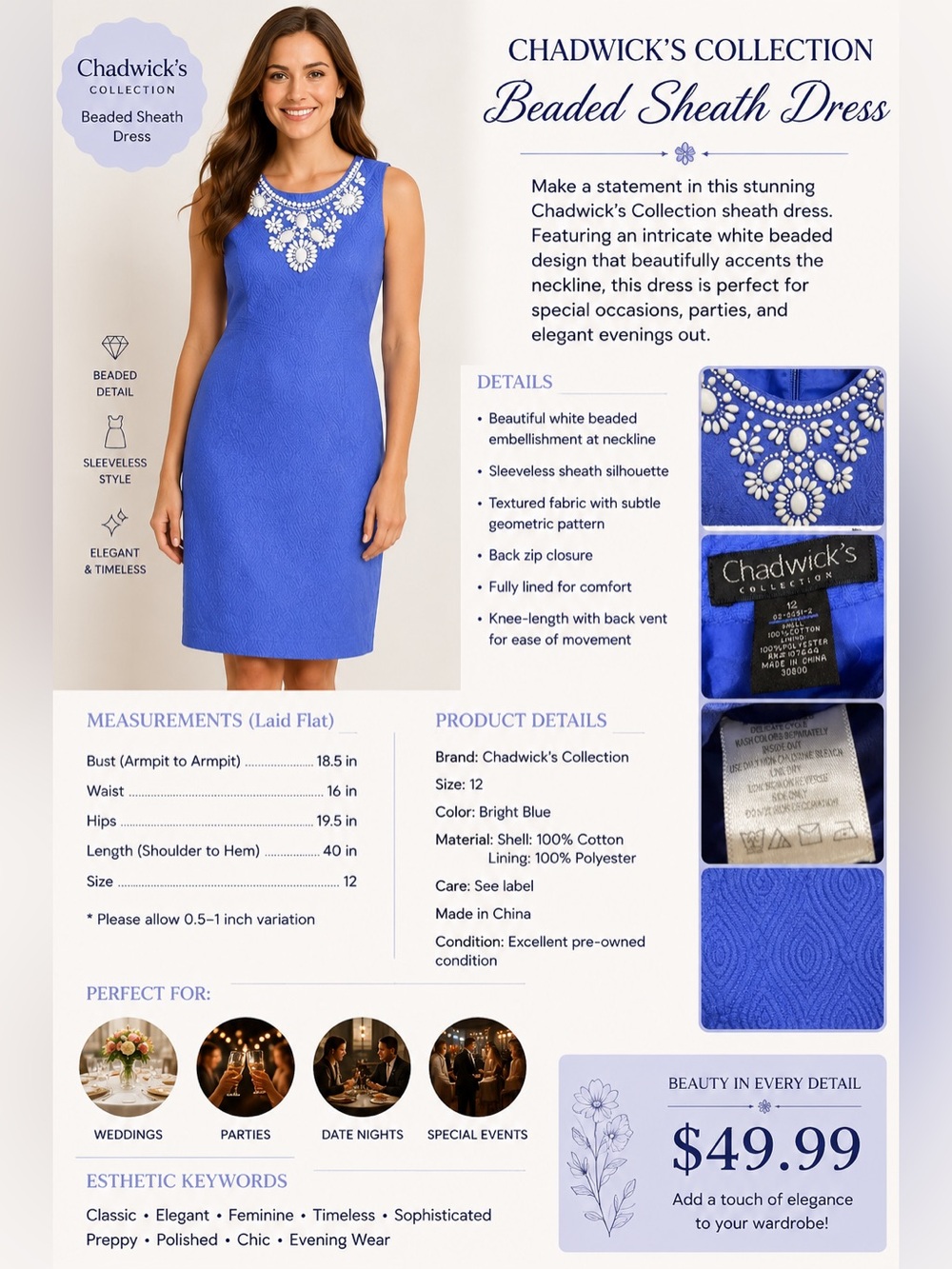 Chadwicks Royal Blue Sleeveless Sheath Dress with White Beaded Neckline